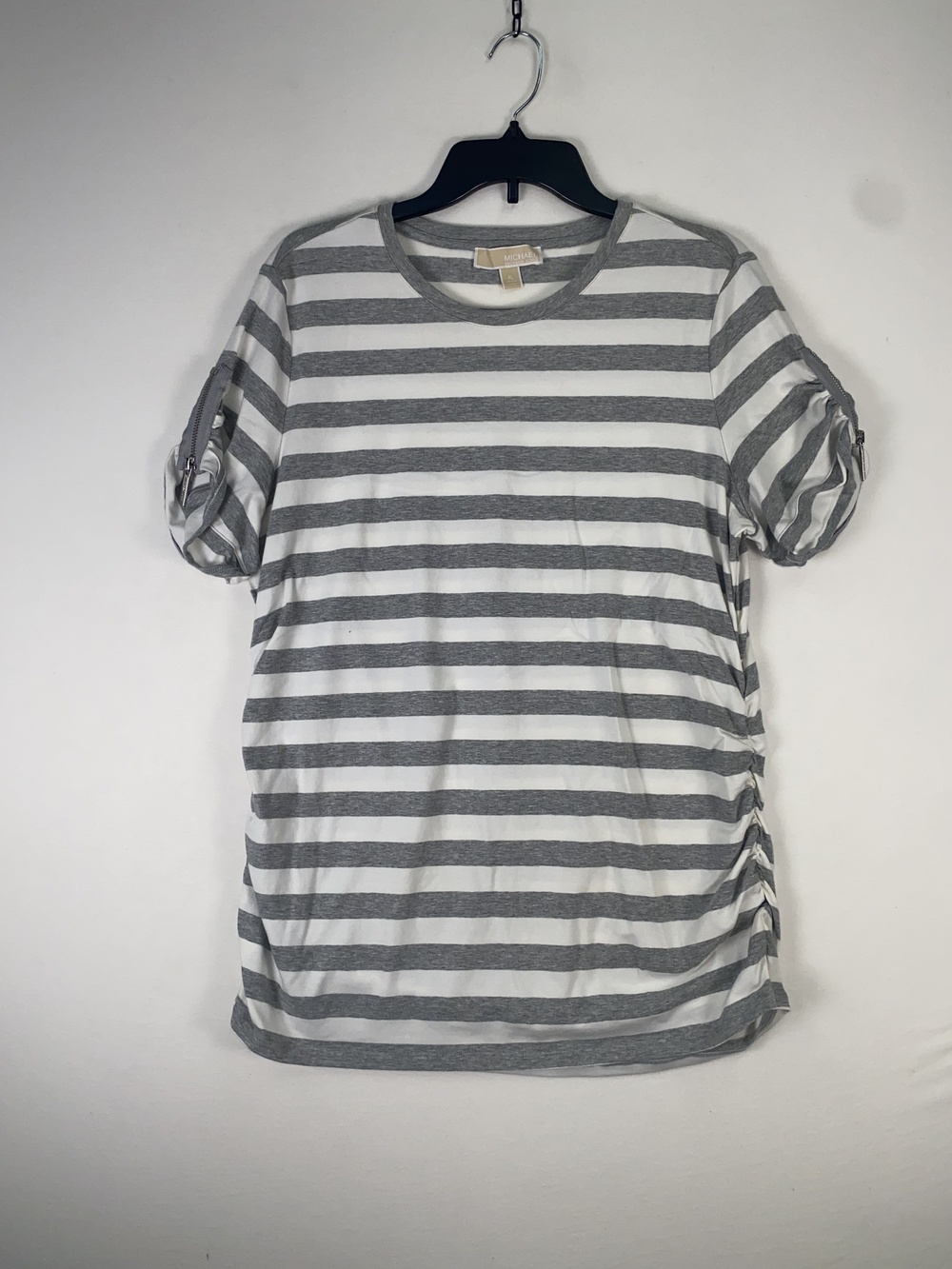Michael Michael Kors T-shirt Womens XL Gray Stripe Ruched Zip Sleeve Jersey Top